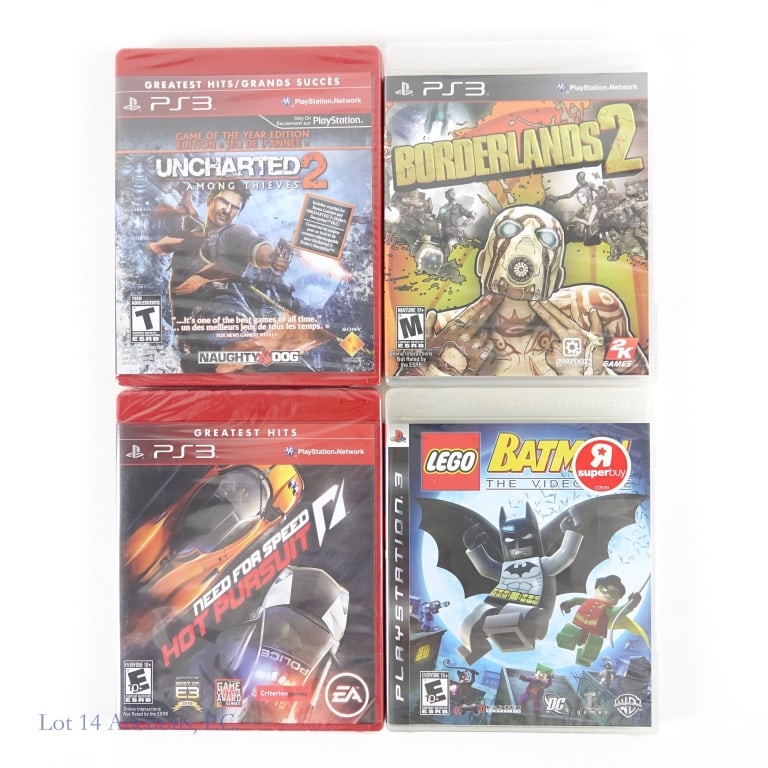 Sealed PlayStation 3 Video Games (4): 4 factory sealed video games for PlayStation 3. Games include: Lego Batman: The Video Game, Uncharted 2: Among Thieves, Borderlands 2, and Need For Speed: Hot Pursuit.
