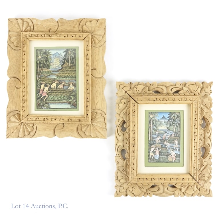 Bali Indonesia Wood Framed Art Prints (2): 2 art prints from Bali (Indonesia). Both come in what appear to be hand carved wood frames. One print is signed "Sumaba Ubud Bali". The image visible in the matte measures approximately 4" x 6". The w