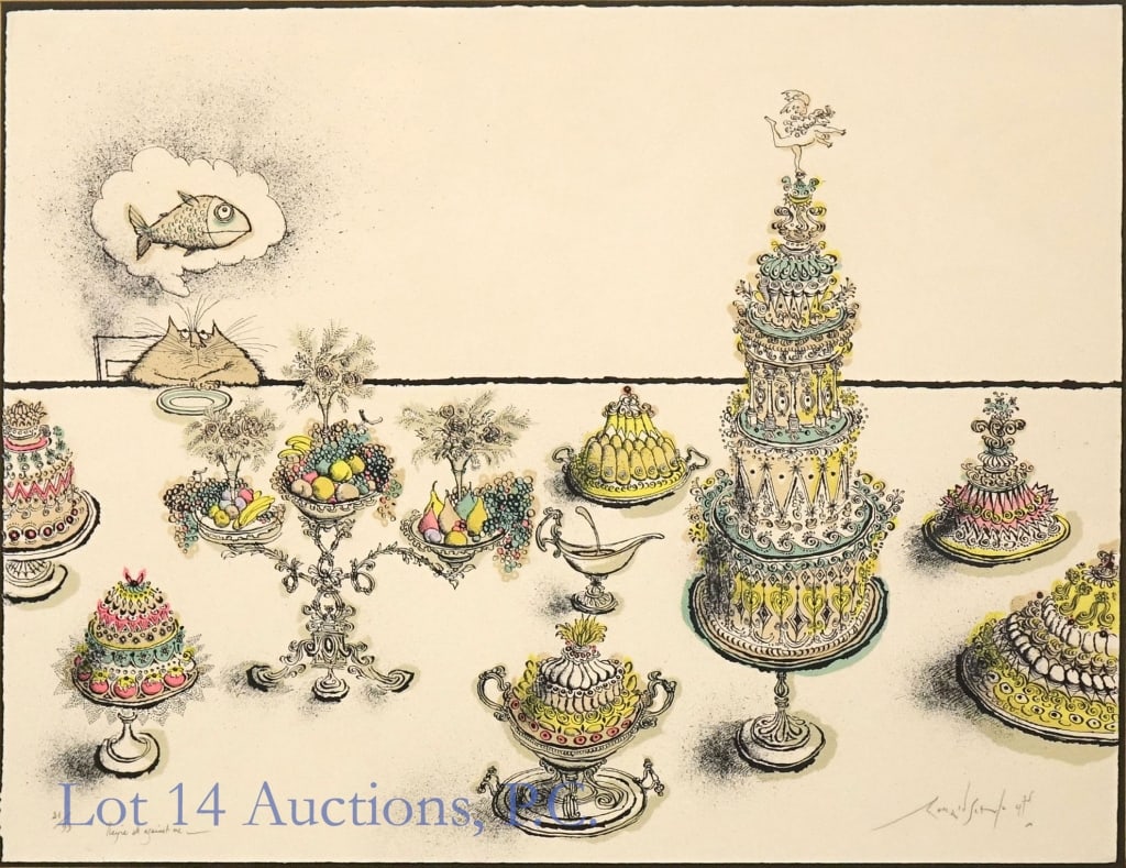 Rare Ronald Searle Cat Print, Signed & #ed: Framed lithographic print by English artist and satirical cartoonist Ronald Searle, titled "They're All Against Me", depicting a cat sitting at a table filled with elaborate desserts, thinking about a