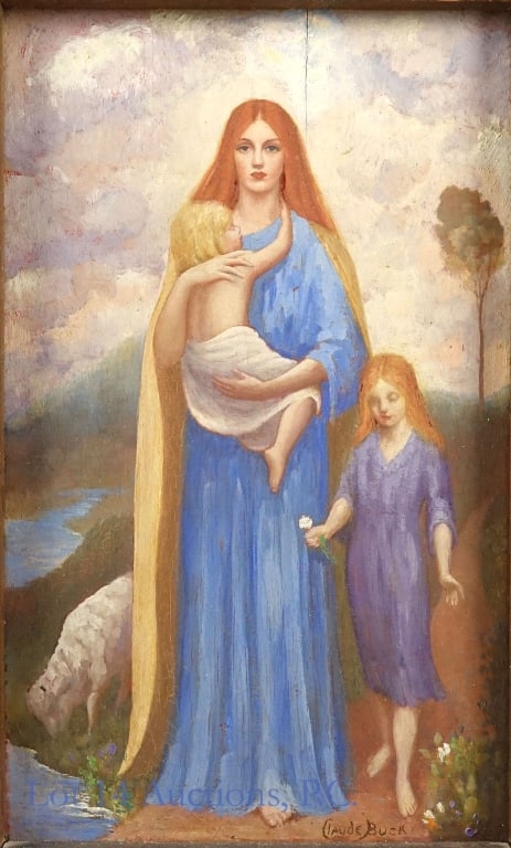 Claude Buck Original Oil Painting: Framed oil on board painting of a woman with two children by American artist Claude Buck (1890-1974). Signed in the lower right. There is a 2.5" crack in the board, but it should be stable so long as