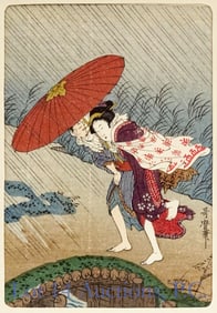 Utamaro Woodblock Print "Sheltering From the Rain"