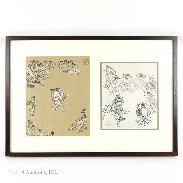 Two Kim Hong-do Prints: Two prints of paintings by Korean artist Kim Hong-do (1745-1806). The first is a copy of his piece Ssireum (or Sangbak) depicting a group of men watching a wrestling match. The second is a copy of his