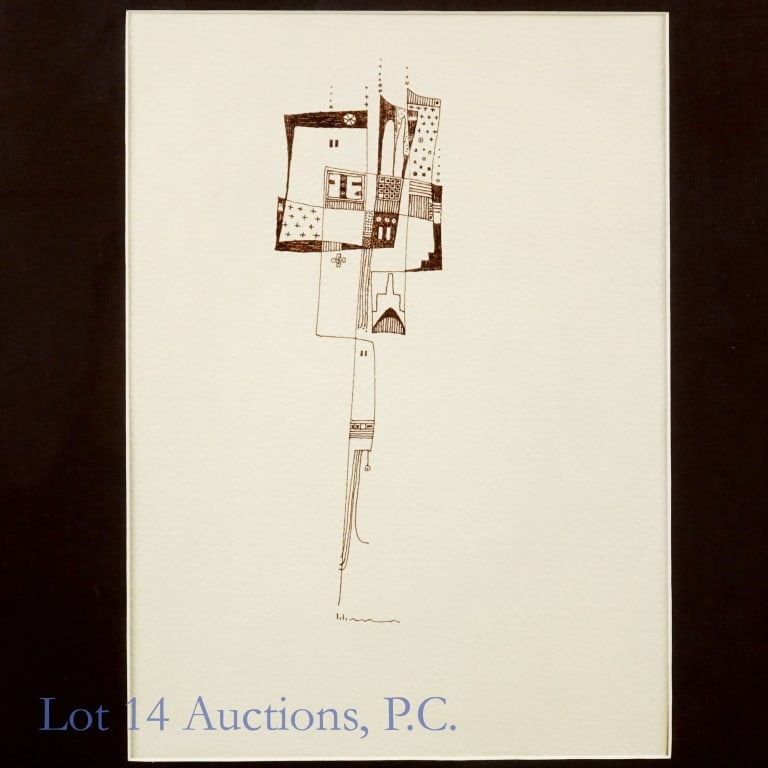 Charles Loloma (1921 - 1991, Hopi) Ink Drawing: Untitled abstract ink drawing by renowned Hopi artist Charles Loloma (1921-1991). Very good condition. Drawing is approximately 8 x 11", inside a 15 x 19" frame.