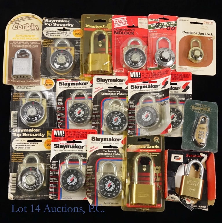 Combination Padlocks (17): Seventeen (17) various combination padlocks - Master, Slaymaker, Panda, Corbin and more. All but two padlocks are sealed. See photos for details.
