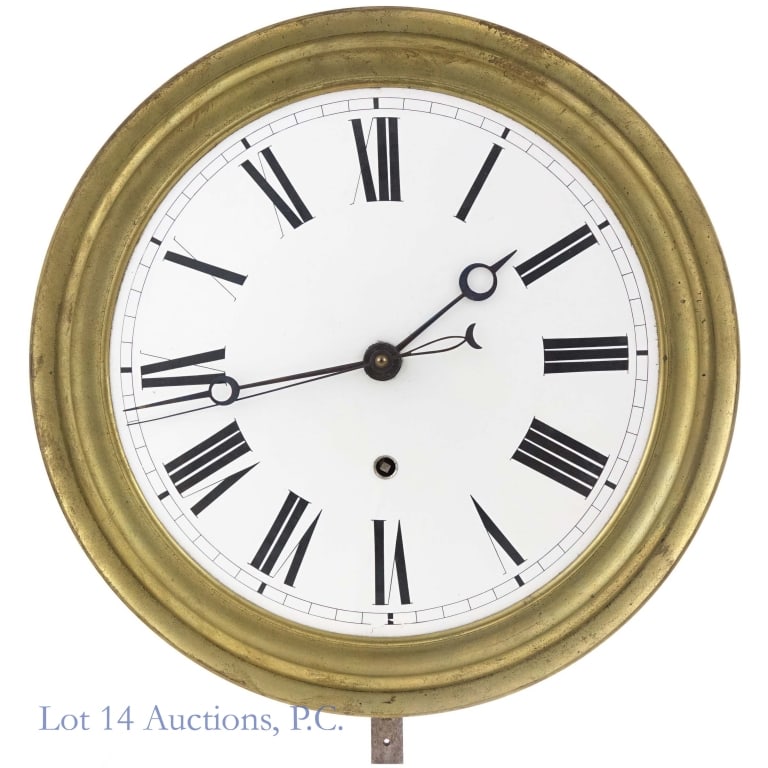 French Regulator Clock Pinwheel Movement, c. 1900: French regulator clock pinwheel movement, circa 1900, circular enamel dial with molded brass frame, signed FRANCE on the back, dial has some damage at the VI, no weights or pendulum, overall diameter