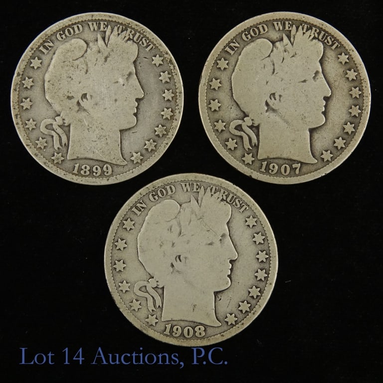 1899 - 1908 USA 90%-Silver Barber 50c, 3: Three (3) United States 90%-silver Barber half dollars (Philadelphia, New Orleans Mints). Metal is 90% silver with actual silver weight over 1 troy ounce. Per consigner, all in good or better conditio
