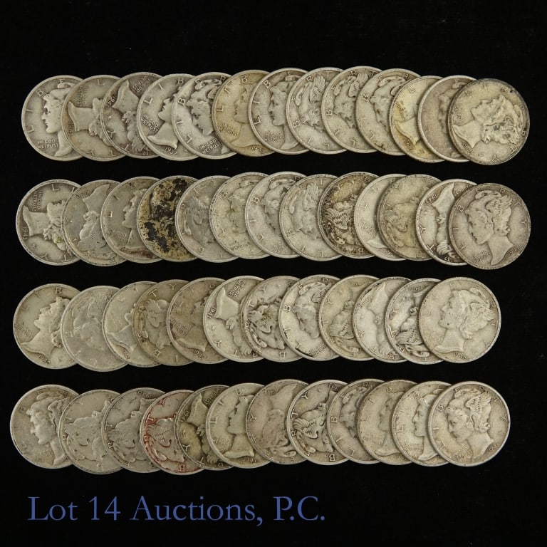 1935 - 1945 USA Silver Mercury Dimes (VF - AU), 50: Fifty (50) United States silver mercury dimes in plastic coin roll holder. Per consigner, dates range between 1935 to 1945, all handpicked for quality in VF to AU condition, and ALL CULLS HAVE BEEN RE