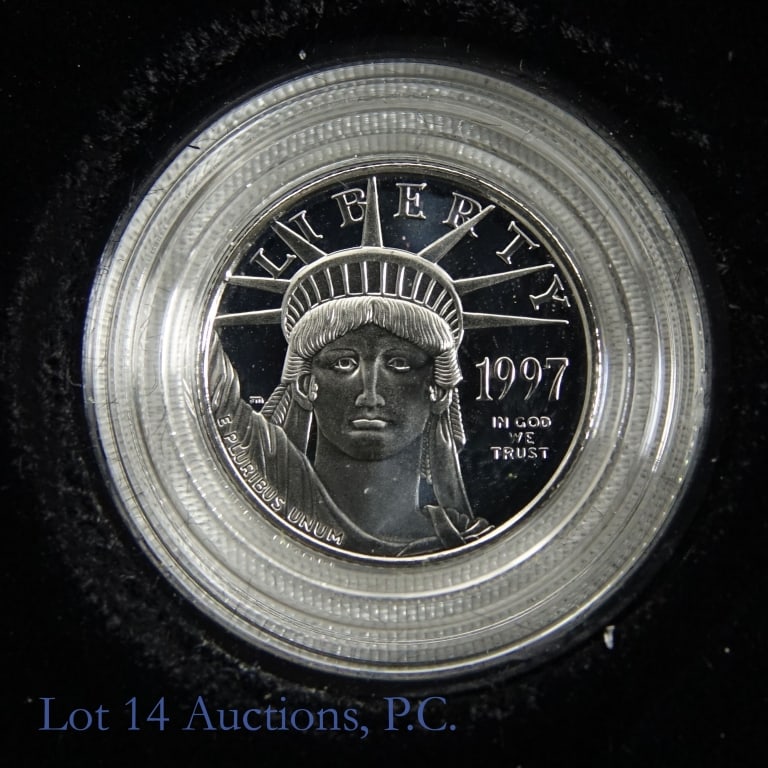 1997-W American Platinum Eagle Prf $10 Bullion-OGP: 1997-W American platinum eagle proof $10 bullion coin (West Point Mint) in inaugural issue OGP. Metal is 99.95% platinum and weighs 1/10 ounce (3.112 grams). Mintage 36,993. Per Whitman's 2026 Red Boo
