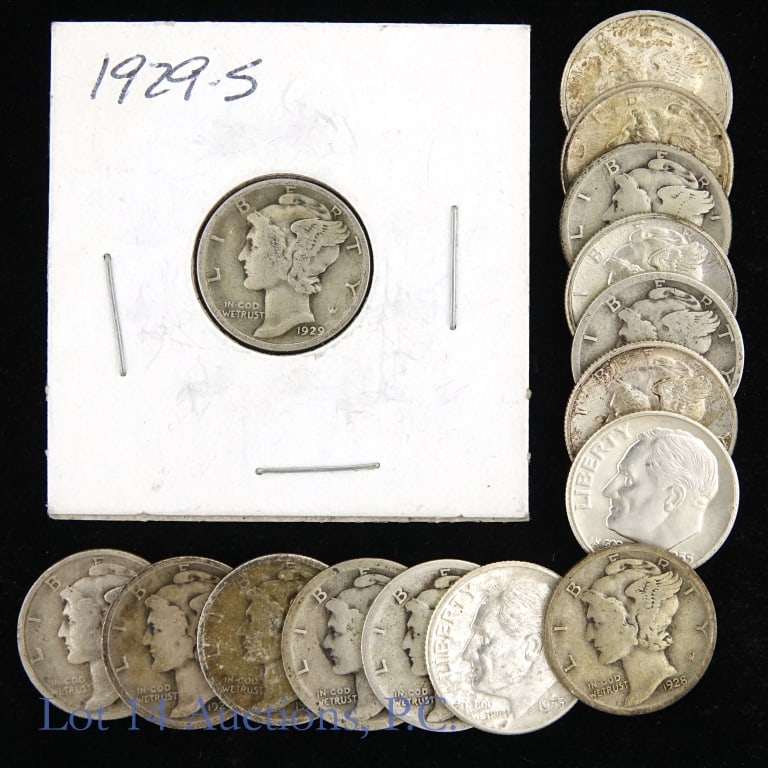 1916 - 1955 USA 90%-Silver Dimes - Better Dates: (15) Fifteen (15) United States 90%-silver mercury and Roosevelt dimes (Philadelphia, Denver, San Francisco Mints). Per consigner, carefully selected from hundreds of mercury and Roosevelt dimes for l