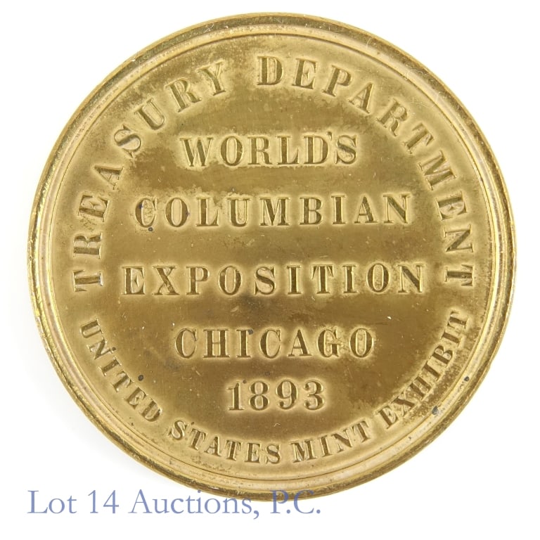 1893 Columbian Exposition Official Medal (HK #155): 1893 Columbian Exposition Official Medal. Obverse U.S. Government Building with length / width / area measurements. Reverse: Treasury Department U.S. Mint Exhibit. Metal is brass, weight25 grams, and