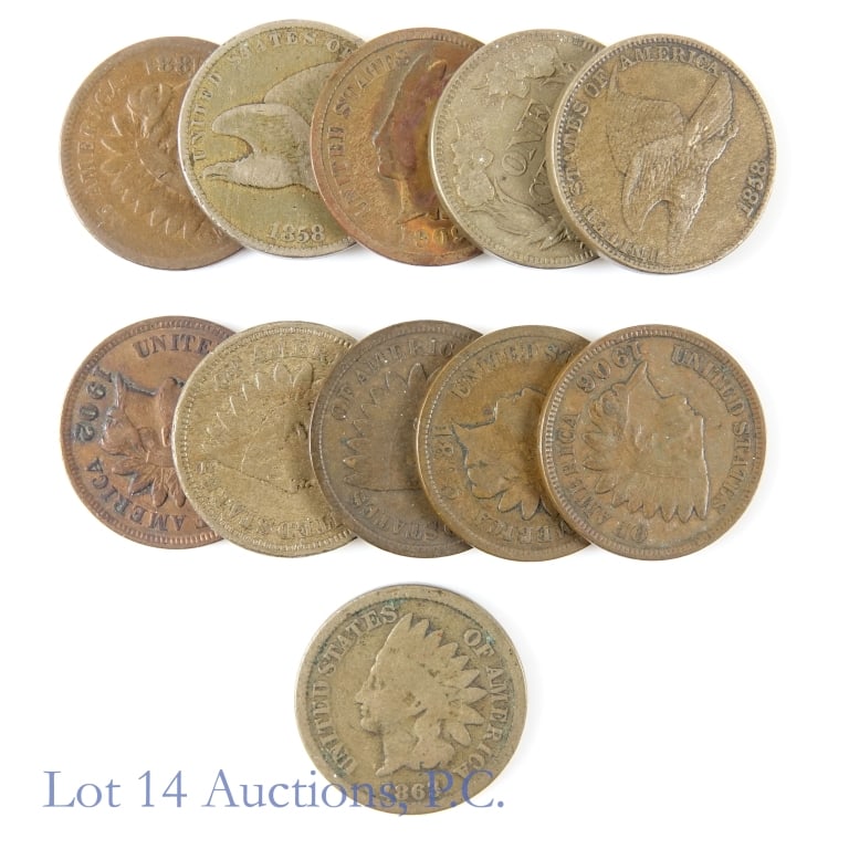 1857 - 1862 USA Flying Eagle & Indian Hd Cents, 11: Eleven (11) United States flying eagle and Indian head cents as follows: ---1857 flying eagle 1c (17.5 million mintage); ---1858 flying eagle 1c small letter var.; ---1858 flying eagle 1c large letter