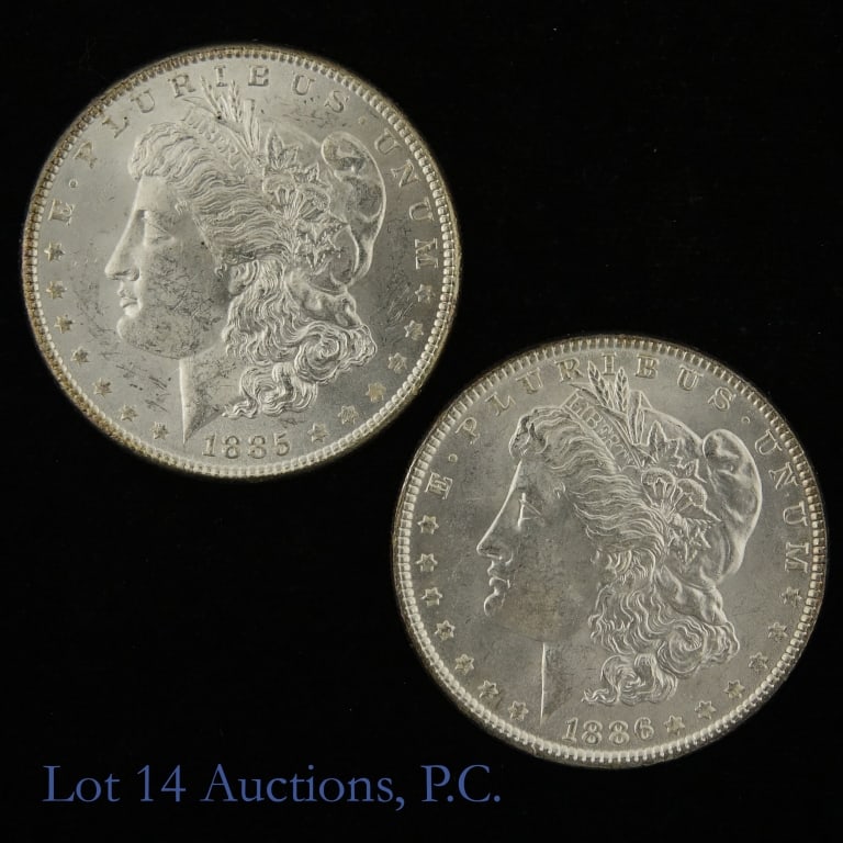 1885 & 1886 USA Silver Morgan Dollars (CH BU), 2: 1885 and 1886 United States silver Morgan dollars (Philadelphia Mint). Designer is George T. Morgan. Per consigner, in CH BU condition. Silver content confirmed on Lot 14 Auctions electronic metal ver