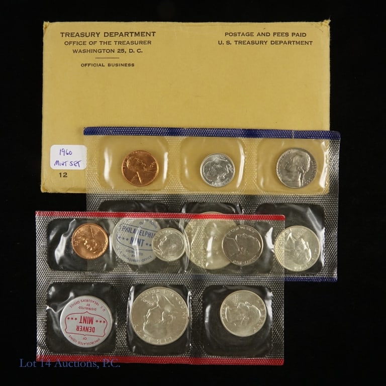 1960 (P) USA Silver 10-Coin Mint Set in OGP: 1960 United States 90%-silver mint set (Philadelphia, Denver Mints) in its original blister packs and gov packaging. Set Mintage is 260,485. Half dollar, quarter, and dimes are 90% silver with total A