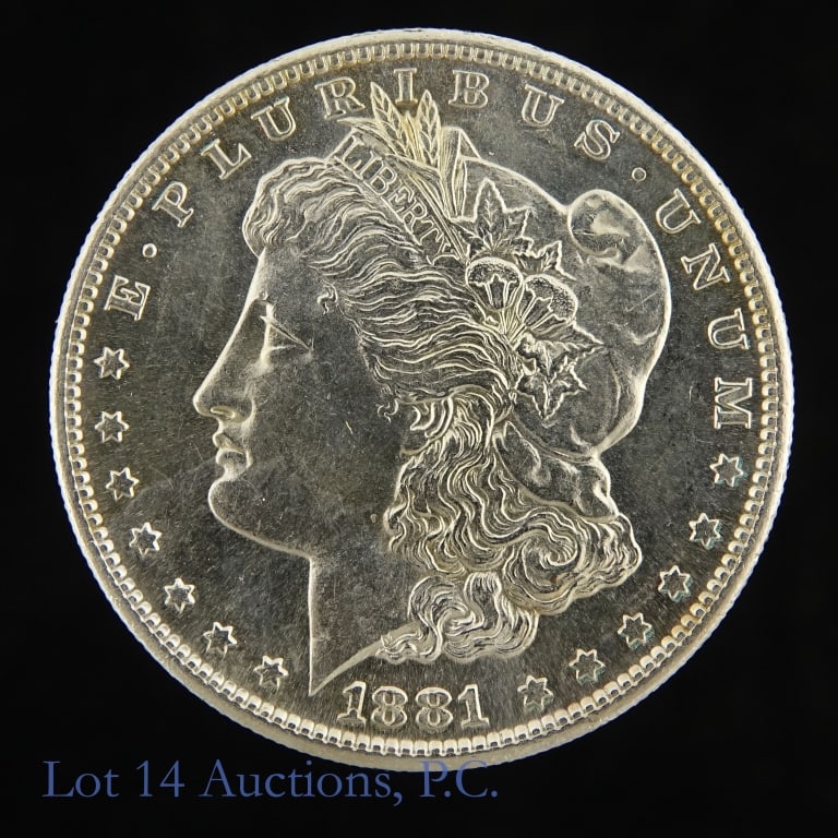 1881-S USA Silver Morgan Dollar - Luster: 1881-S United States silver Morgan dollar (San Francisco Mint). Per consigner, in BU condition with slight obverse toning and good luster. Metal is 90% silver and weighs 26.73 grams. *** Lot 14 Auctio