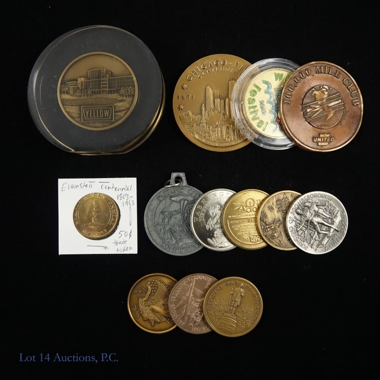 Various Tokens & Medals (13): Thirteen various tokens and medals: ---1962 $1 trade token Seattle Space age World's Fair medal; ---1963 Evanston centennial medal; ---1968 Illinois 150th anniversary medal; ---1971 Chicago Fire Cente