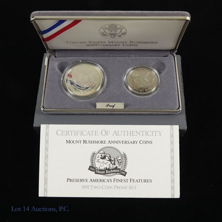 1991-S USA Silver Mt. Rushmore Comm 2-Coin set: 1991-S United States Mint silver Mt Rushmore 50th anniversary commemorative 2-coin proof set (San Francisco Mint) in OGP. Per consigner, in gem proof condition. Details as follows: ---1991-S dollar is