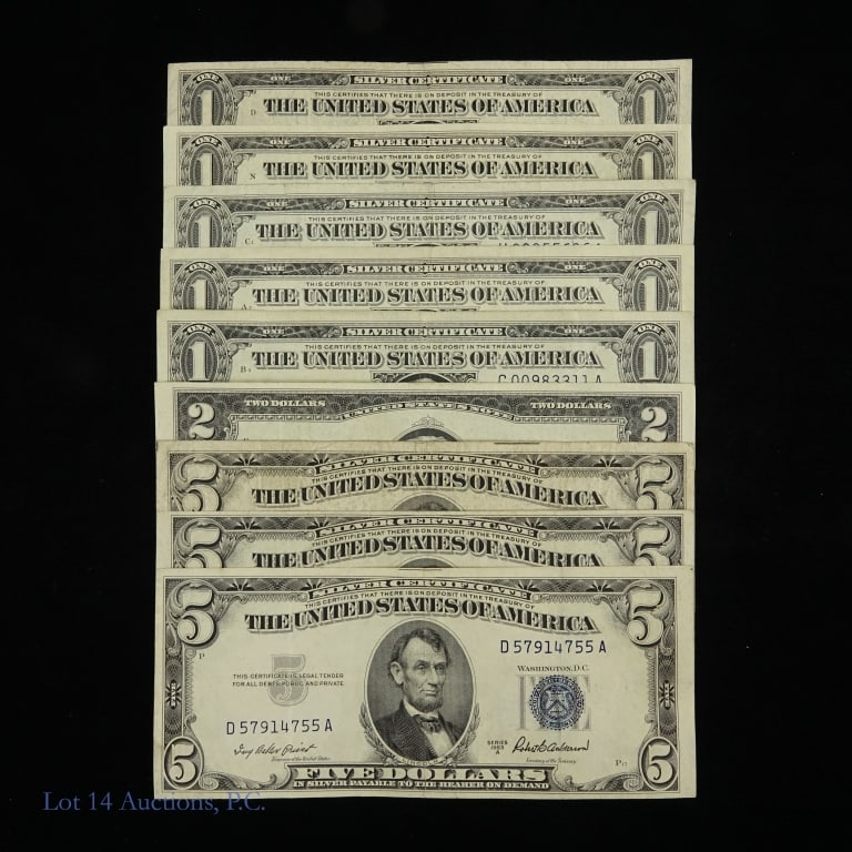 1934 - 1957 USA Silver Certif. & Legal Dd Notes, 9: Nine (9) United States older mostly silver certificates with series dates, serial numbers and consigner condition information as follows: ---1934-C $5 silver certificate - blue seal (Julian / Snyder)