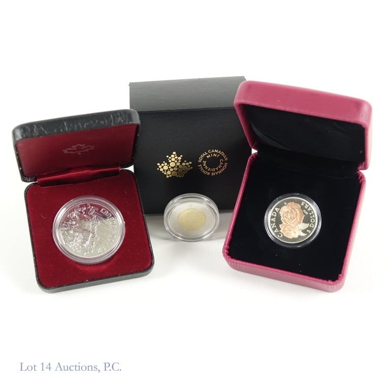 1996 to 2016 Canadian 99%-Silver & Clad Coins (3): Three (3) Royal Canadian Mint issued silver and clad coins as follows: ---1996 $2 polar bear coin in plastic holder; ---1980 $1 polar bear coin in OGP; and ---2016 $3 silver rose coin in OGP (s/n 6,62