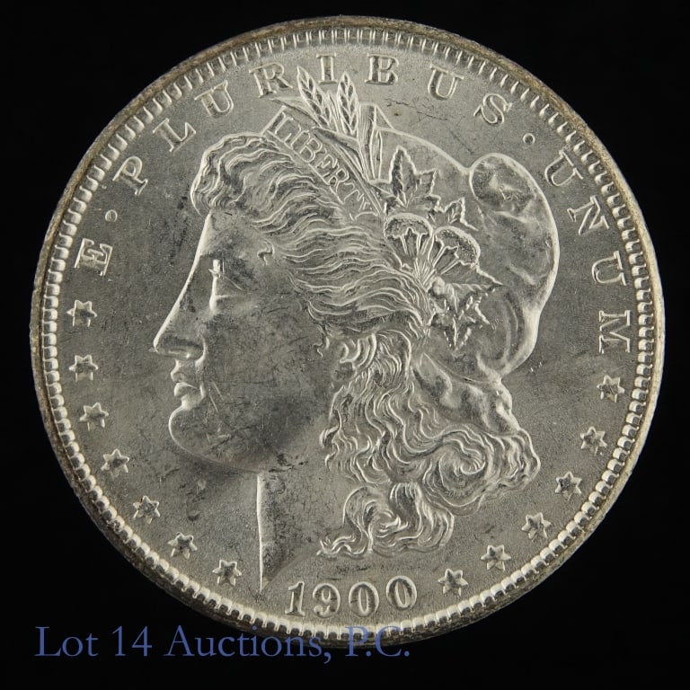 1900 (P) USA Silver Morgan Dollar (CH BU): 1900 (P) United States silver Morgan dollar (Philadelphia Mint). Designer is George T. Morgan. Per consigner, in CH BU condition. Mintage is 8,830,000. Silver content confirmed on Lot 14 Auctions elec