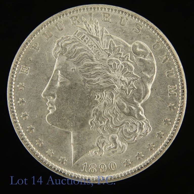 1890 (P) USA 90%-Silver Morgan Dollar Luster: 1890 (P) United States silver Morgan dollar (Philadelphia Mint). Per consigner, in BU condition with good luster. Metal is 90% silver and weighs 26.73 grams. Silver content confirmed on Lot 14 Auction