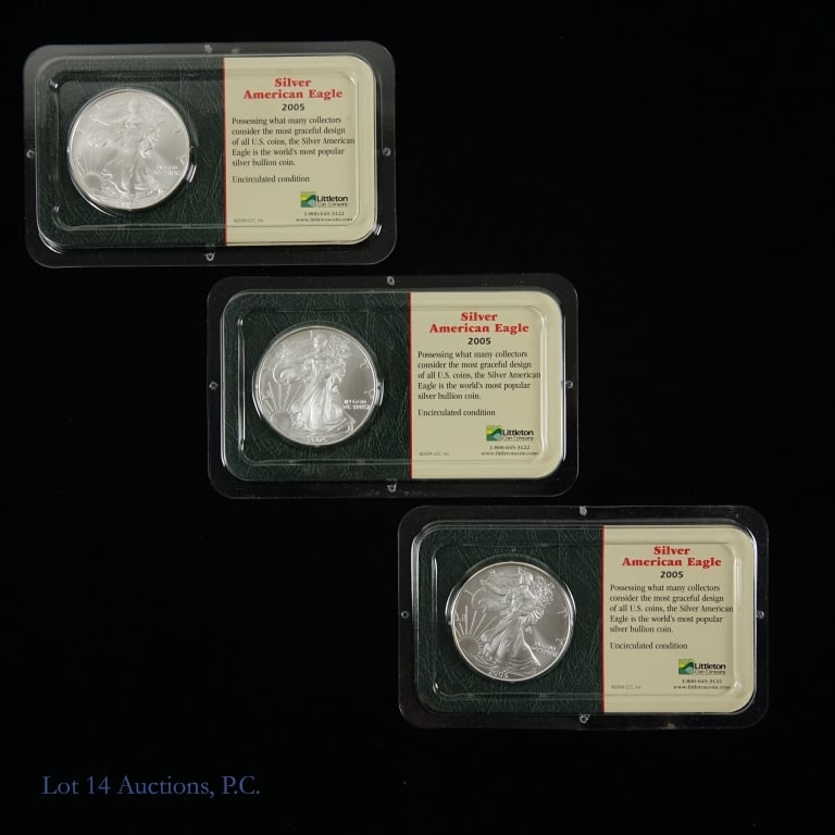2005 American Silver Eagle $1 Bullion Coins, 3: Three (3) 2005 (W) American silver eagle uncirculated dollar bullion coins (West Point Mint) in Littleton Coin Company holders. Metal 99.9% silver, weighs 31.103 grams (1 troy ounce), and diameter 40.
