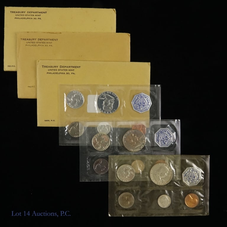 1961 - 1963 USA 90%-Silv. 5-Coin Proof Sets OGP, 3: Three (3) United States 90%-silver 5-coin proof sets (Philadelphia Mint) in OGP as follows: ---1961; ---1962; and ---1963. Dime, quarter and half dollar coins' metal is 90% silver. Total ASW +1.8 troy
