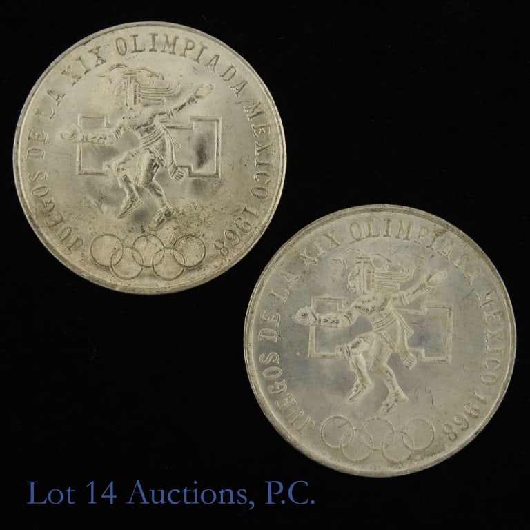 1968 Mexico Olympics 25 Peso Silver Coin, 2: Two (2) 1968 Mexico silver 25 peso summer Olympic games commemorative coin. Per consigner, one coin in creamy Gem BU condition with amazing surfaces and the other in CH BU condition with fully origina
