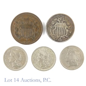 1864 - 1881 USA Various 2c, 3c & 5c Coins (5)