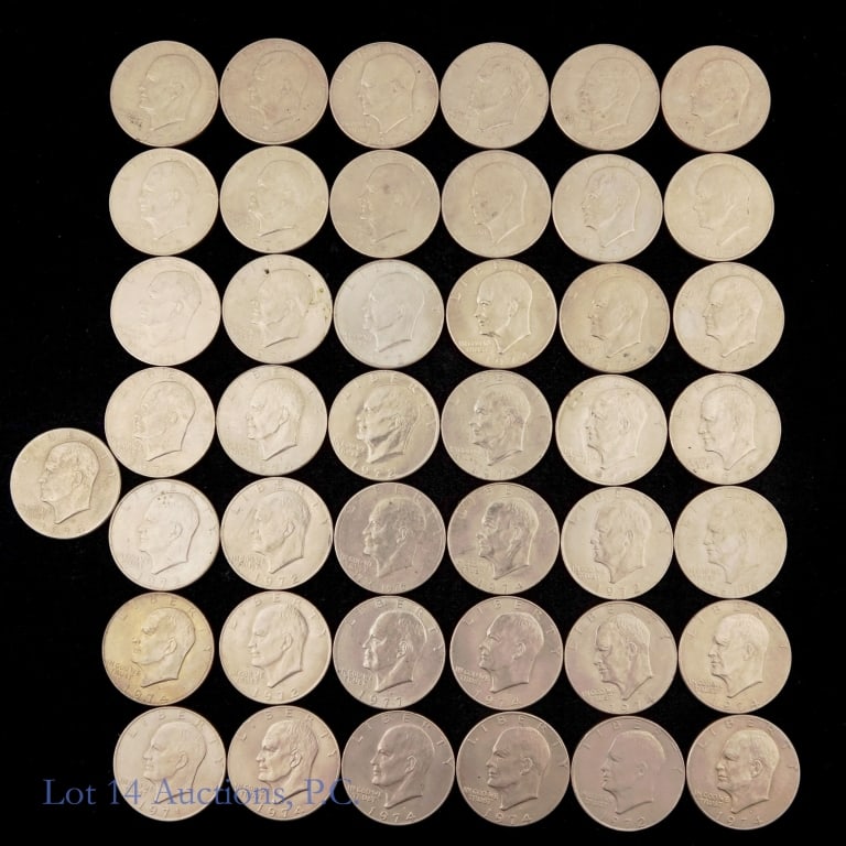 USA Clad Eisenhower Dollars Rolls (43): Forty-three (43) United States clad Eisenhower dollars (Philadelphia, Denver Mints) in square plastic coin holder roll. Designer is Frank Gasparro. Per consigner, grades in XF-BU. Metal is 91.67% pure