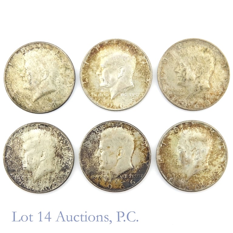 1965 USA 40%-Silver Kennedy 50c, 6: Six (6) United States 40%-silver John F. Kennedy half dollars (Philadelphia, Denver Mints) as follows: ---1965 (P) (4), ---1966 (P), and ---1968-D. Actual silver weight (ASW) is about 0.887 troy ounce