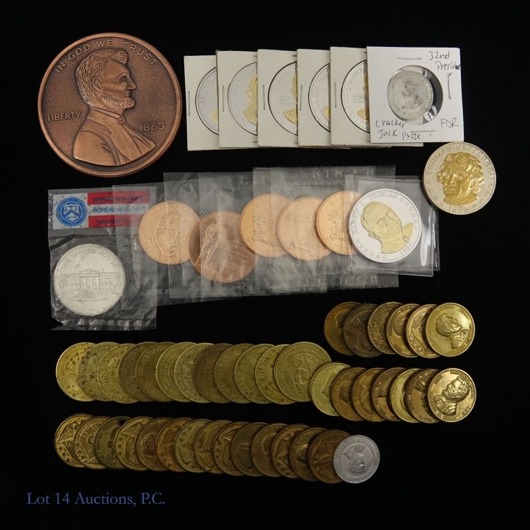 Various USA Presidents Tokens & Medals (55): Fifty-five (55) various United States Presidents and related tokens and medals as follows: ---copper 1863 Lincoln Gettysburg address medal; ---U.S. Mint white house / great seal medal; ---President to