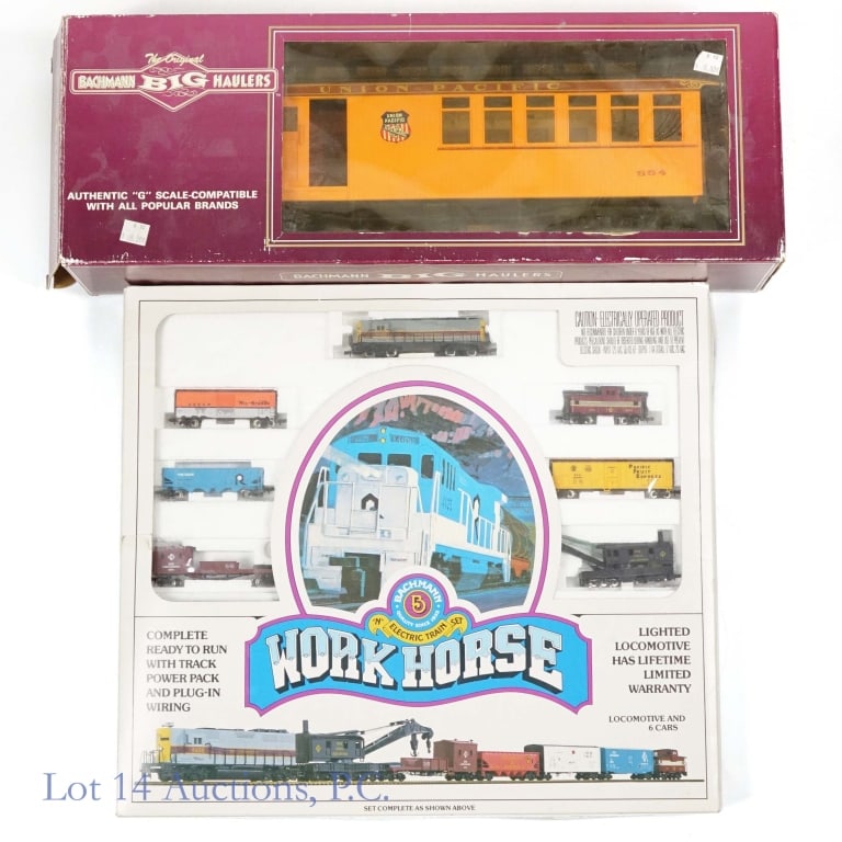 Bachmann Workhorse & U.P. Car Trains NOS (2): Bachmann Train Set and U.P. Car. Both in original boxes. The boxes have some signs of wear - mainly scuffing on the edges. The sets appear complete, but cannot be guaranteed. Includes: Bachmann Big Ha