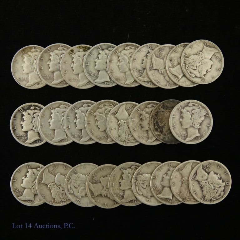 USA 1.8 Ozt. 90%-Silver Mercury Dimes (25): Twenty-five (25) United States 90%-silver mercury dimes. Actual silver weight is 1.825 troy ounces (gross 63.08 grams) on Lot 14 Auctions electronic balance. *** Lot 14 Auctions is not a professional