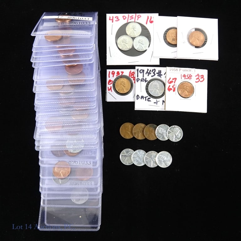USA Lincoln Wheat Cents RD (44): Approximately forty-four (44) Lincoln wheat cents (Philadelphia, Denver, San Francisco Mints). Per consigner, most in red or steel BU condition as follows: ---1928-d red BU; ---1937 (p) red BU; ---194