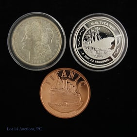 1921-S 90%-Silver Morgan $1 & Titanic Rounds (3)