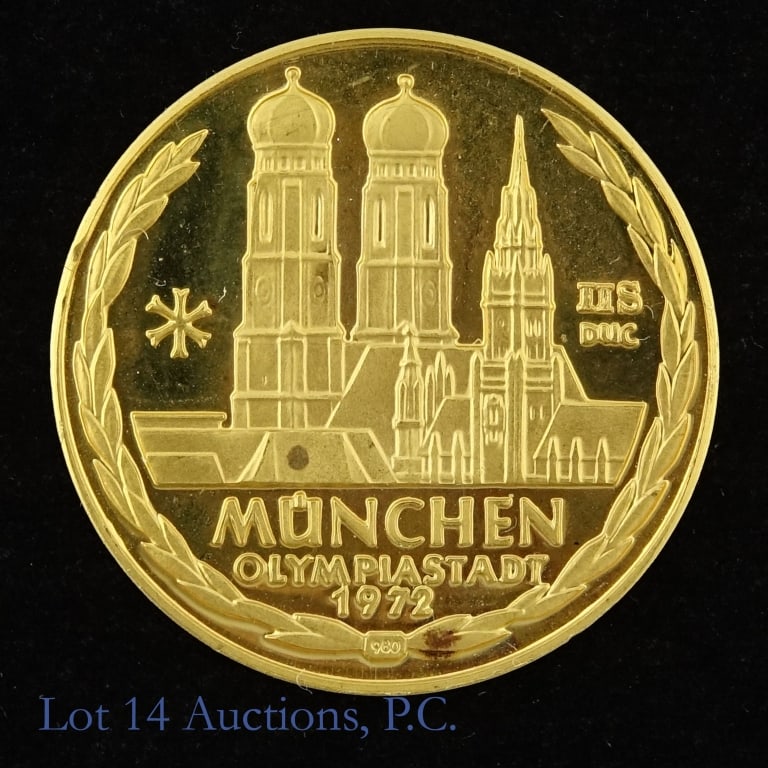 1972 20 Ducats Aureus Magnus Munich Olympic: 1972 Munich summer games medal. 20 Ducats - Aureus Magnus Munich Olympic. Color is gold, weighs 8 grams and diameter 26 mm. Engraver: Werner Graul. Obverse: Laureate Greek head left, columns with stat