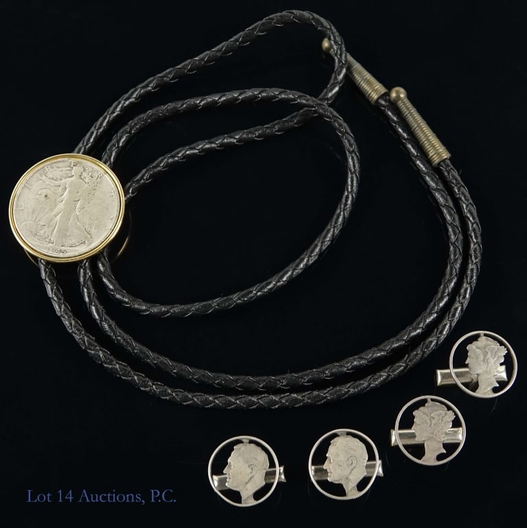 Vintage Men's Silver Coin Jewelry Lot: Two pairs of cufflinks made from dimes: one set with silver Mercury dimes, and one set of FDR dimes. The Mercury dime cufflinks weigh approximately 6.6g, and the FDR dime cufflinks weigh approximately