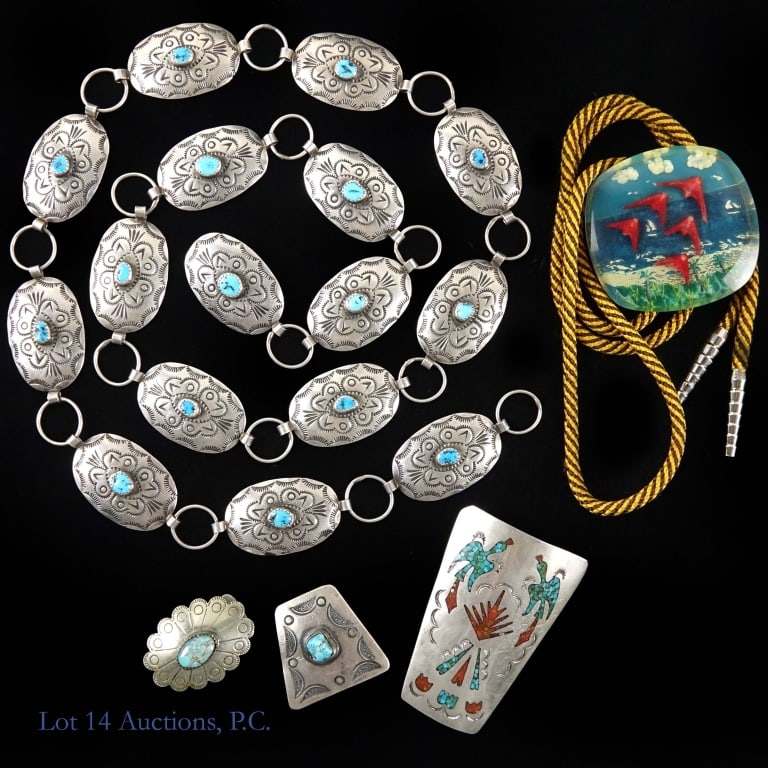 Sterling Silver Belt & Bolo Ties (4+1): Sterling silver linked belt and three silver bolo tie clip. Also included is a bolo tie cord with a resin clip. The belt is approximately 37" and weighs approximately 82.8g. It has a small piece of tu