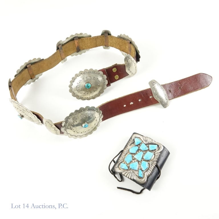 G&L Leekity Zuni Pueblo Sterling Silver Arm Guard: Arm Guard made by George and Lupe Leekity. (G&L Leekity, 1942 - , Zuni Pueblo) is sterling silver and turquoise. 3.5 x 2.5" silver and turquoise ornamentation on leather strap with leather ties. (Phot