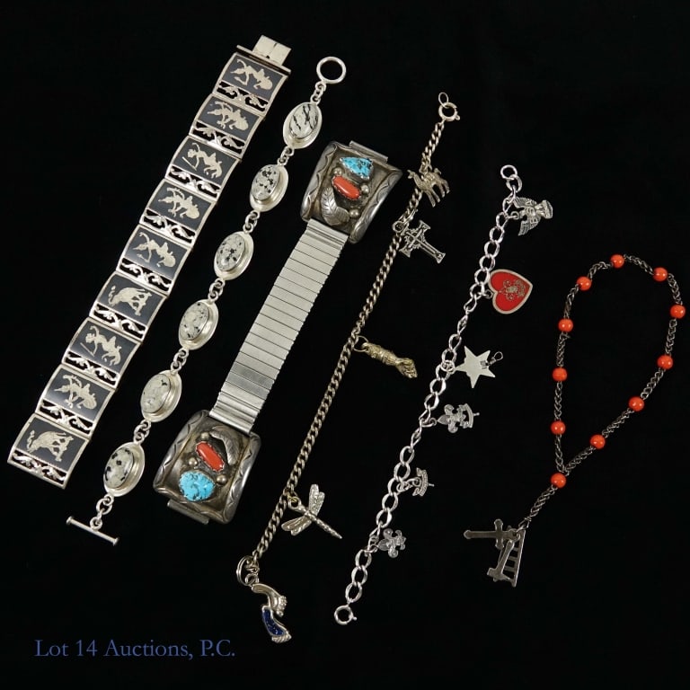 Various Artistic Bracelets, Some Sterling: Six bracelets with various styles of artistic decoration. Some are made with sterling silver or have sterling elements. Two are charm bracelets, one of which appears to have a sterling chain and some