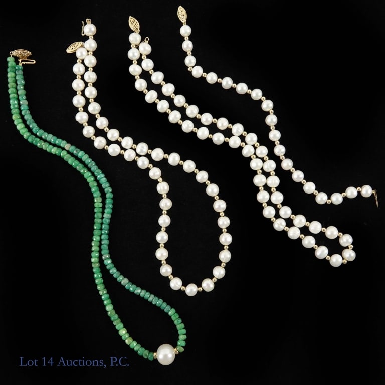 Pearl Jewelry With 14k Y Gold Clasps: Four pieces of pearl jewelry, all with box clasps made with 14k yellow gold. One is an 18.5" strand with mostly small aventurine beads but a large pearl as centerpiece. One is a 7.5" bracelet and the