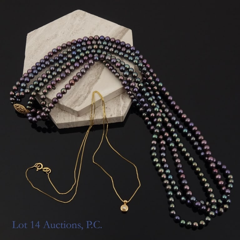 14k Gold Necklace & Pearl Necklace w/ 14k Clasp: 14k yellow gold necklace with a tiny diamond in the center of the pendant and a string of natural rainbow seed pearls with a 14k yellow gold box clasp. Total weight of lot approximately 36g.