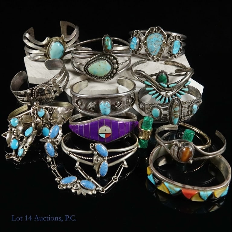 Sterling Silver Native Am. Vintage Cuff Bracelets, 14: 14 Sterling silver Native American (and Native American style) cuff bracelets. (15 cuff bracelets total - The bracelet with the nephrite style baton ends does NOT test for silver) Turquoise and other