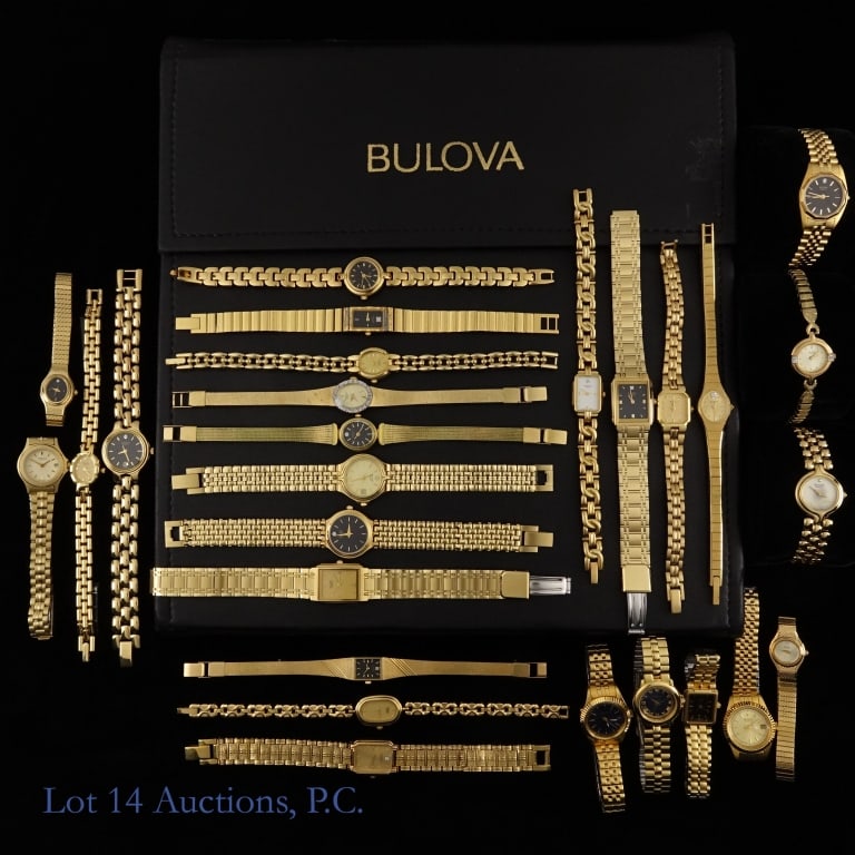 Bulova Gold Tone Ladies' Watches NOS (27): Twenty seven (27) various gold tone Bulova ladies' watches. Watches were sales representative samples and have never been worn, but do not include boxes or paperwork. Velcro strips are taped on the in