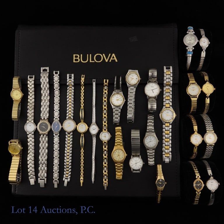 Bulova Ladies' Watches On Metal Bracelets NOS (26): Twenty six (26) various Bulova ladies' watches on metal bracelets. Watches were sales representative samples and have never been worn, but do not include boxes or paperwork. Velcro strips are taped on