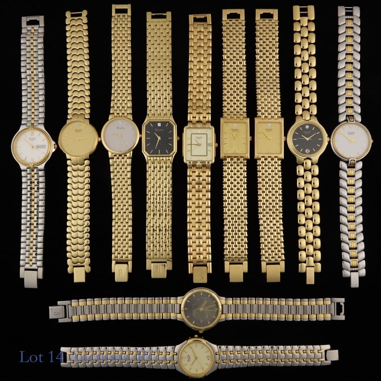 Bulova Men's Watches on Bracelets NOS (11): Eleven (11) various Bulova men's watches on bracelets. Watches were sales representative samples and have never been worn, but do not include boxes or paperwork. Velcro strips are taped on the inside
