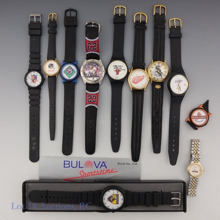 Bulova Sportstime Watches NOS (11): Eleven (11) various Bulova Sportstime watches - Vikings, White Sox, Red Wings, Blazers, Cubs, Bears, Bulls and Michael Jordan. Watches were sales representative samples and have never been worn, but d