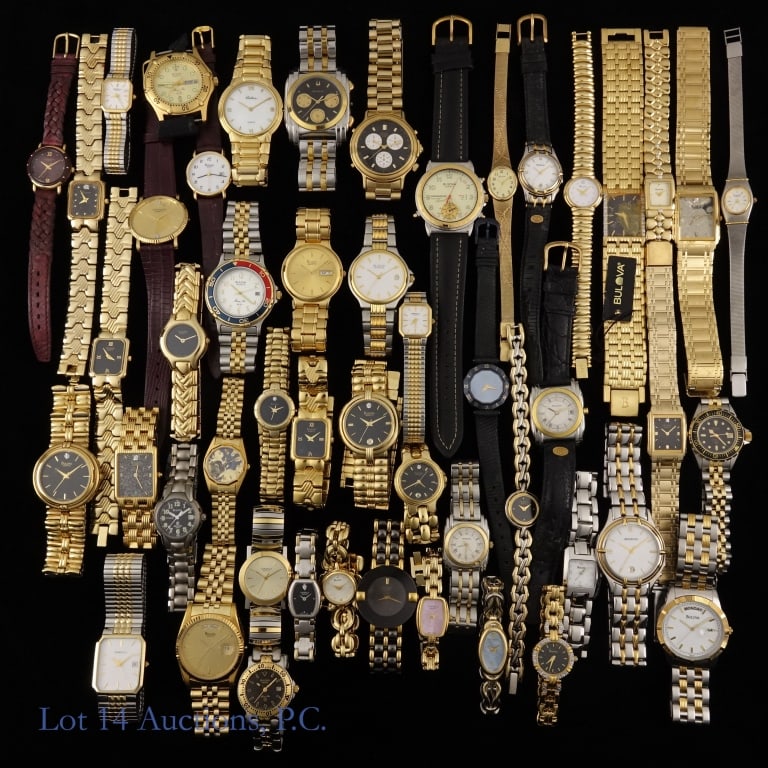 Bulova Watches Without Movements (50): Fifty (50) various Bulova watches without movements. Used as display pieces, these are actual watch cases with dials and crystals, on original bands or bracelets but without watch movements installed.