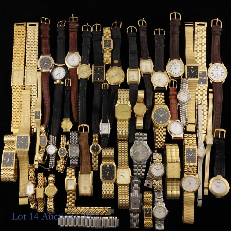 Bulova Watches Without Movements (50): Fifty (50) various Bulova watches without movements. Used as display pieces, these are actual watch cases with dials and crystals, on original bands or bracelets but without watch movements installed.