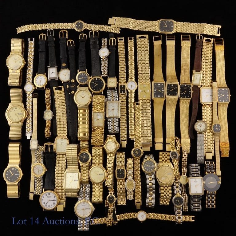 Bulova Watches Without Movements (50): Fifty (50) various Bulova watches without movements. Used as display pieces, these are actual watch cases with dials and crystals, on original bands or bracelets but without watch movements installed.